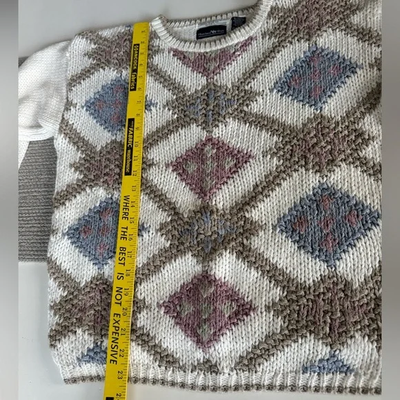 Vintage 80s 90s Hunters Run Tan White Pink Argyle Knit Sweater Size Large - Picture 6 of 8